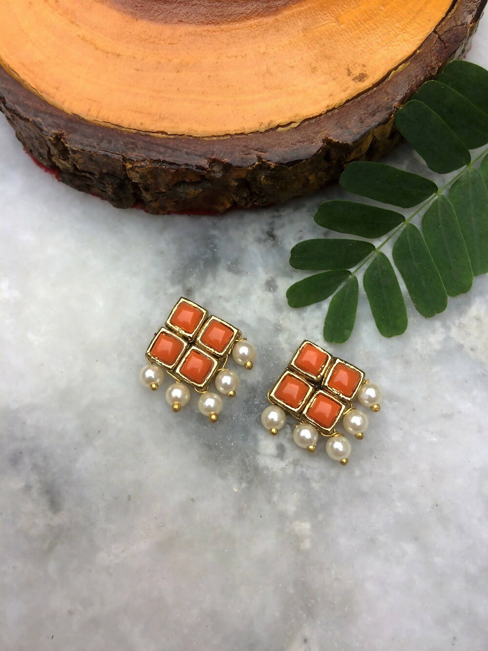 Resin Stone and Pearl Stud Earrings