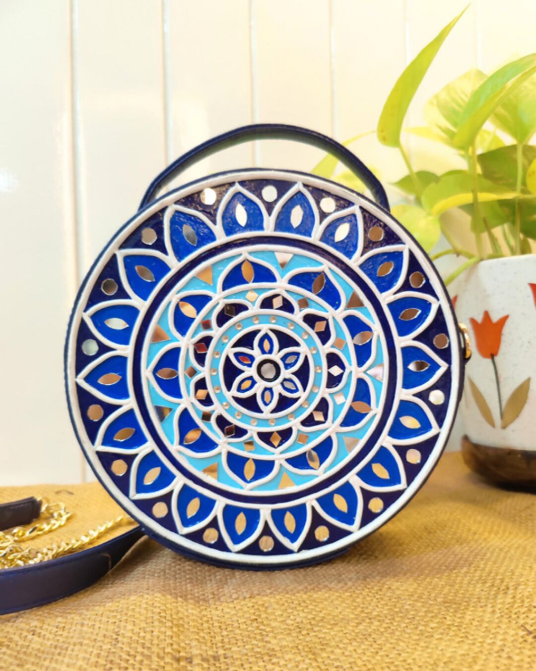 Geometric Blue Base Mandala Lippan Art Handcrafted Circle Box Bag