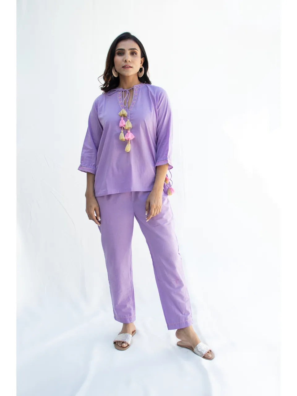 Aminaaha Lavender Cotton Coord Set with Katha Embroidery