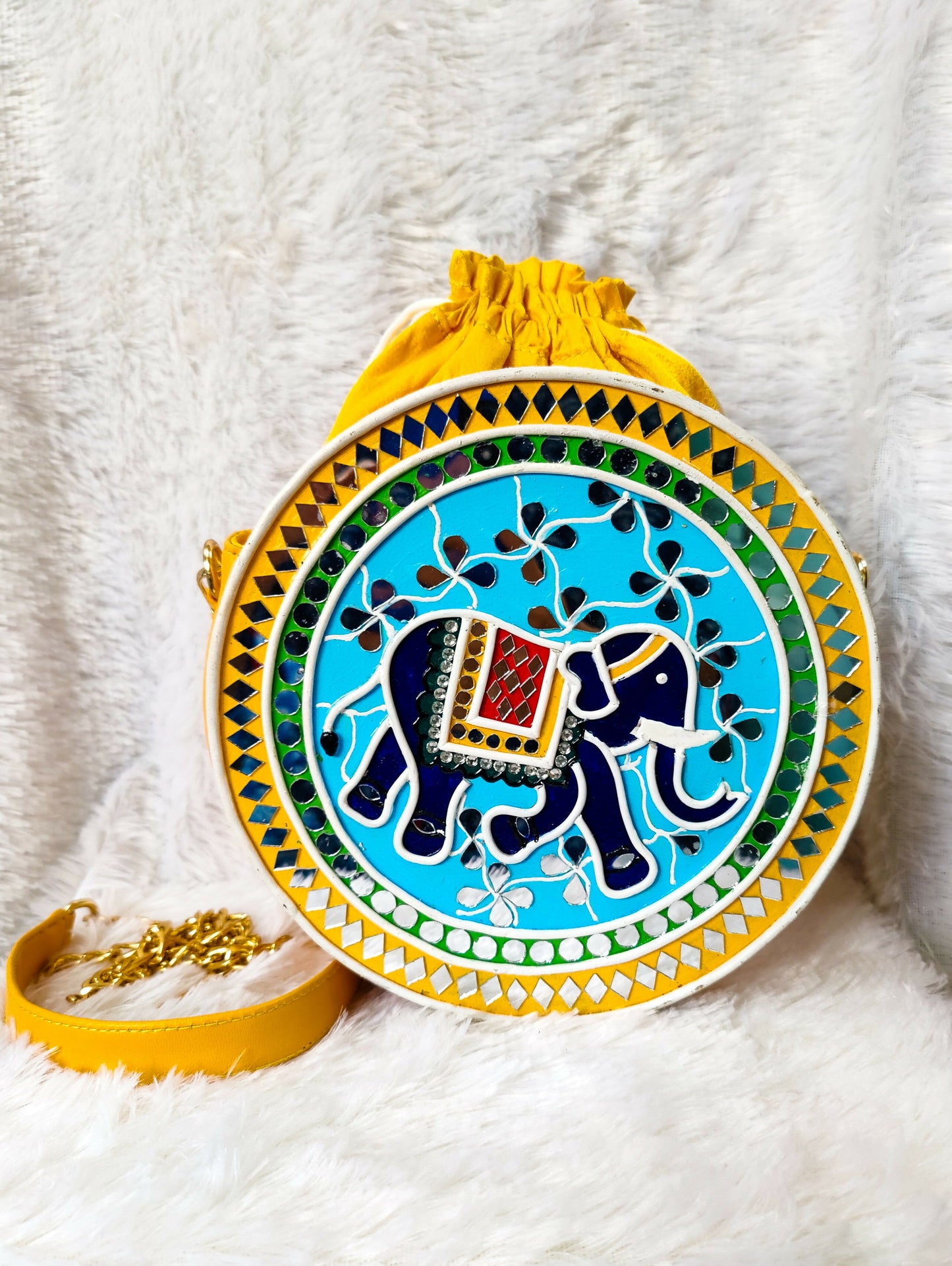 Indie Elephant Lippan Art Handcrafted Round Potli Bag with Sling