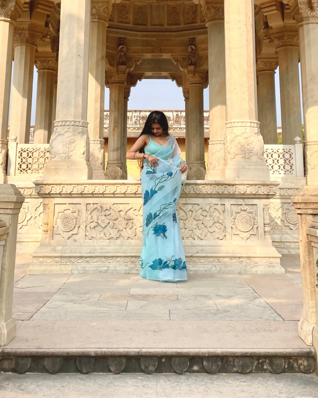 topaz teal 'aarzoo' hand-painted saree (5)