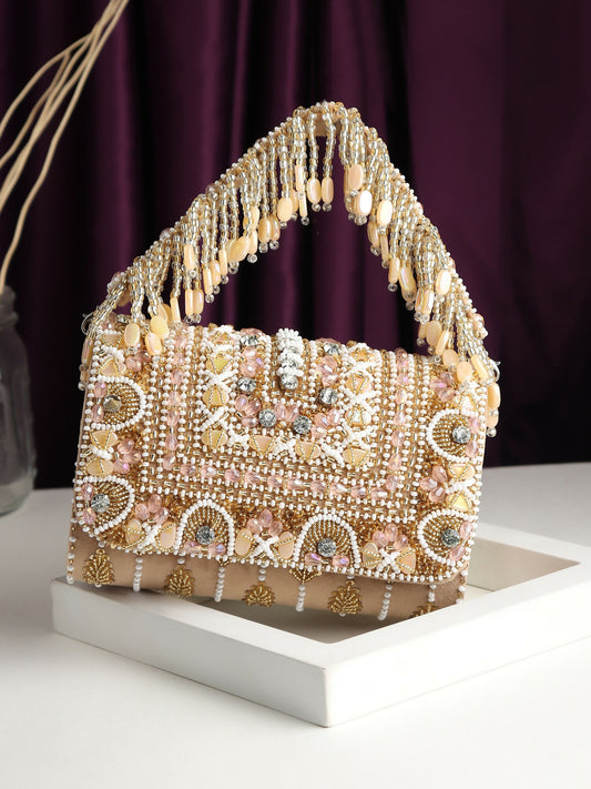 Beige Multi Stone Suede Flap Bag