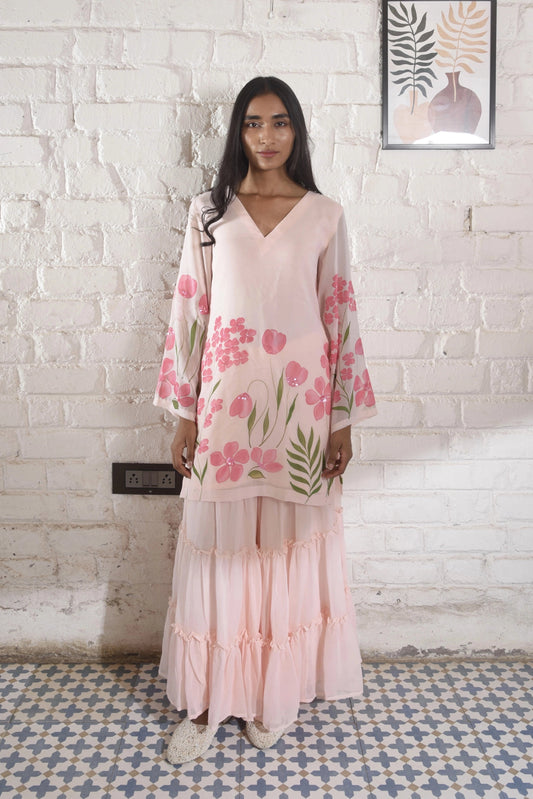 Handpainted Kyari Georgette Sharara Set in Blush