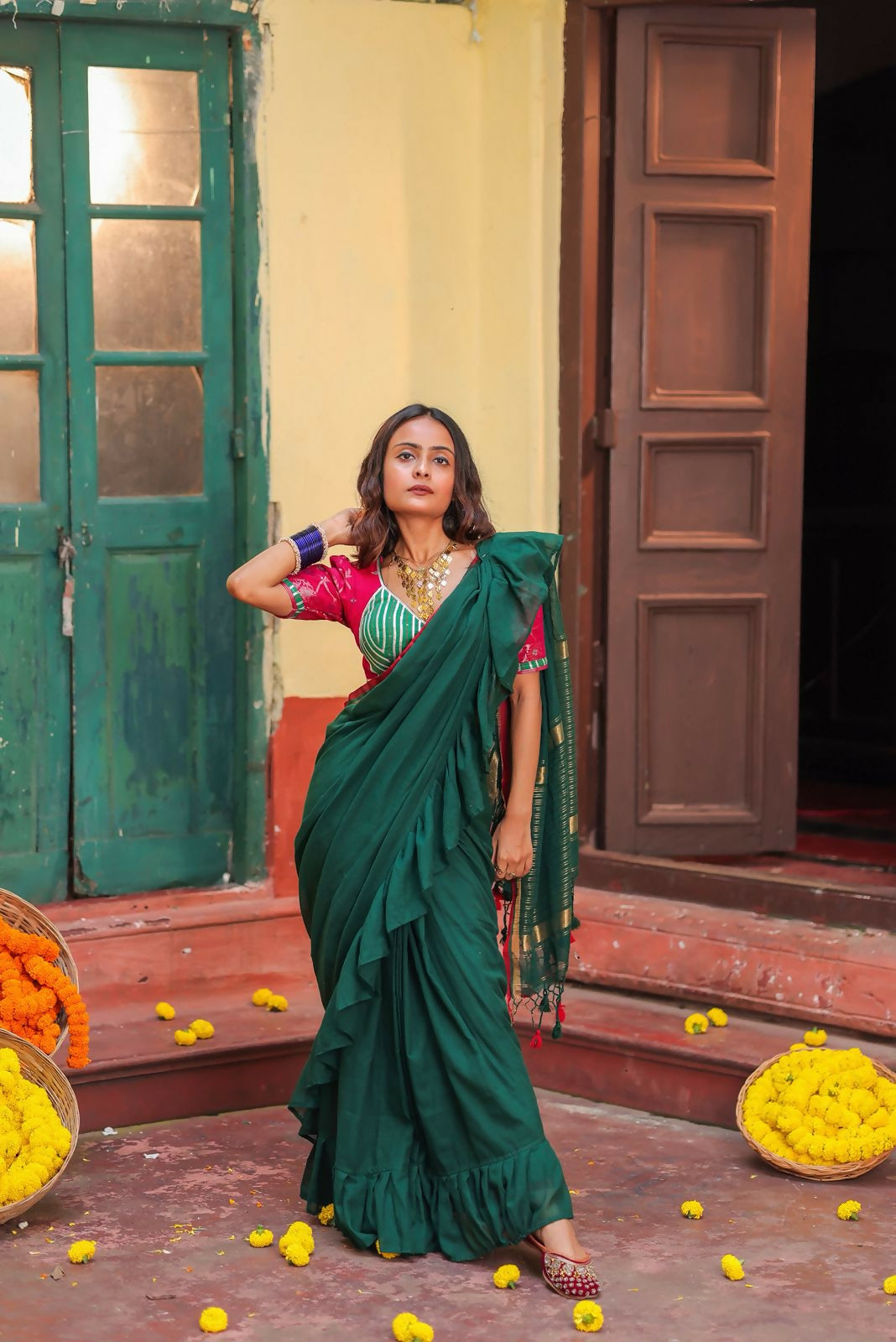 Green Ruffle Cotton Saree