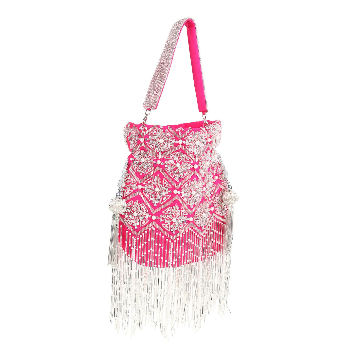 Fuchsia Silver Tassel Silk Potli