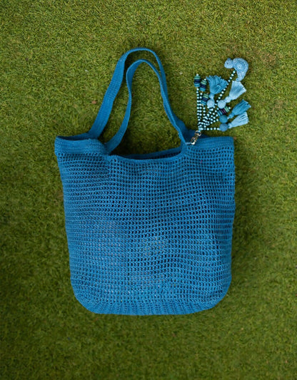 Coral Reef Fishnet Shoulder Bag with Bird Tassel ~ Indigo blue