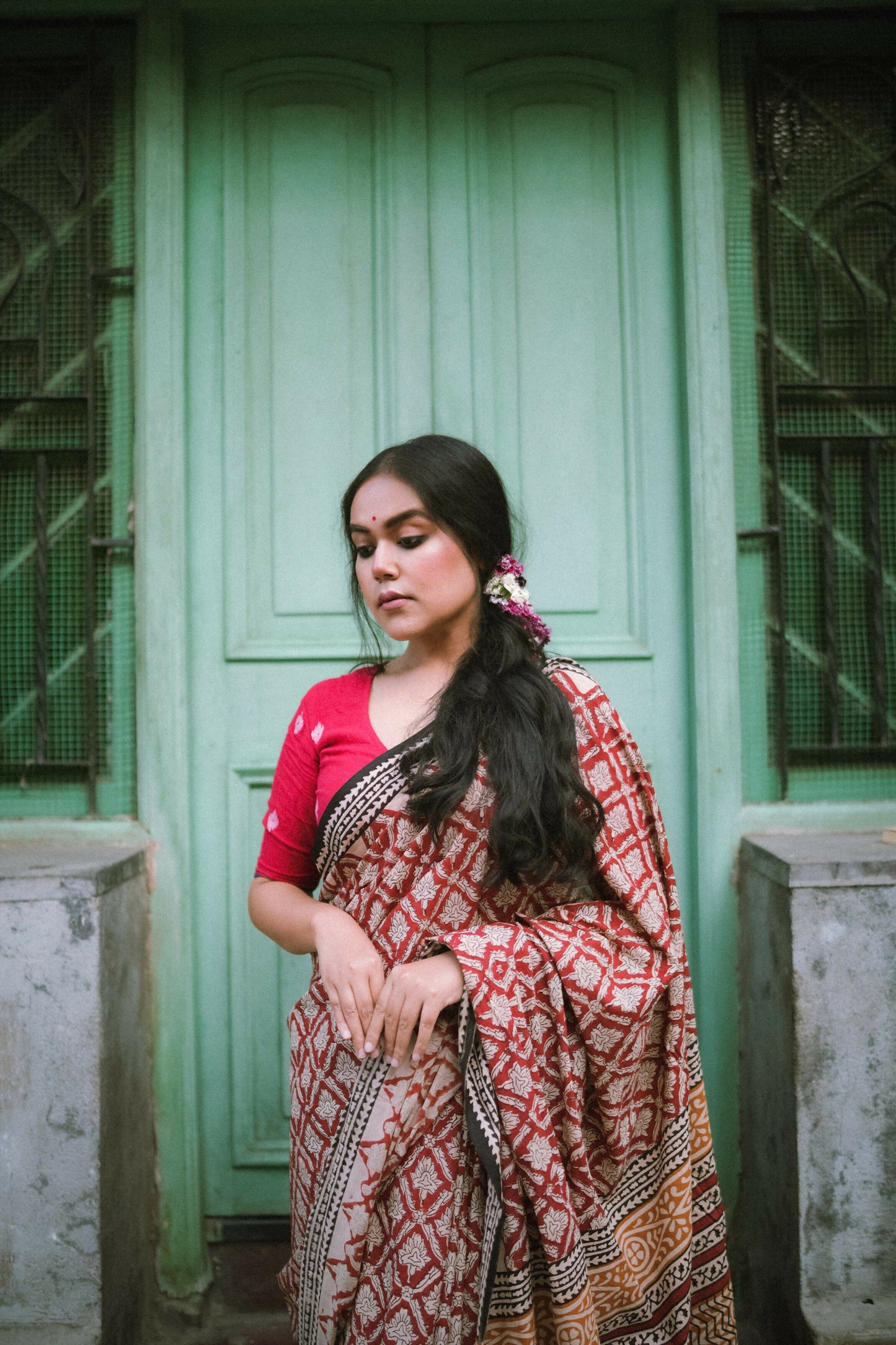 Brick Red Bagru Saree Handblock Print Natural Dyed Mulmul Cotton Saree