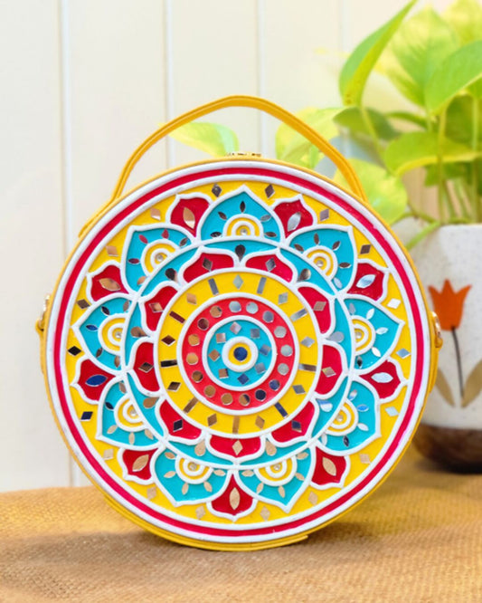 Pink & Blue Mandala Lippan Art Handcrafted Circle Box Bag