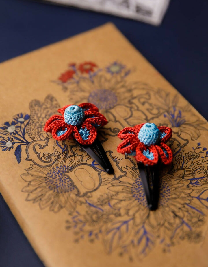 Flower Hair Clips Set Blue Zinnia