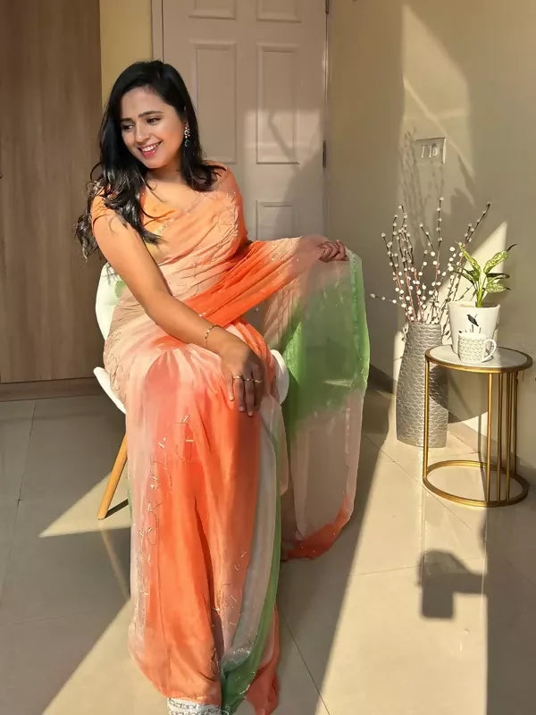 Rani Tri Color Chiffon Saree