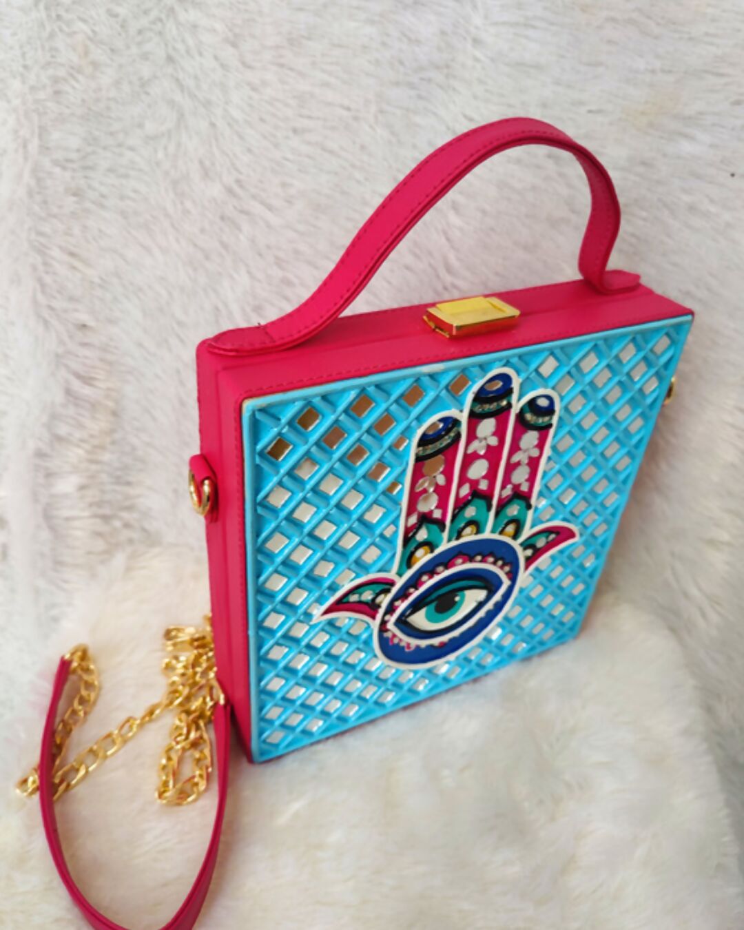 Hamsa Square Lippan Art Handcrafted Box Bag