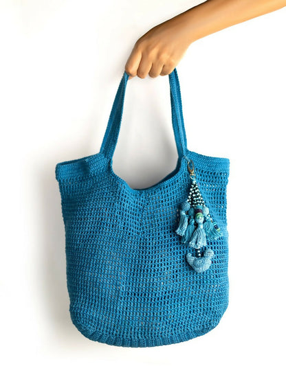 Coral Reef Fishnet Shoulder Bag with Bird Tassel ~ Indigo blue