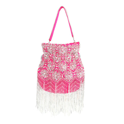 Fuchsia Silver Tassel Silk Potli