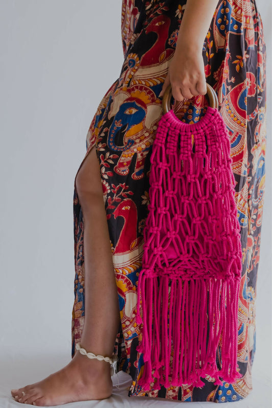 Hand-Knotted Magenta Fringe Handbag with Detachable Pouch
