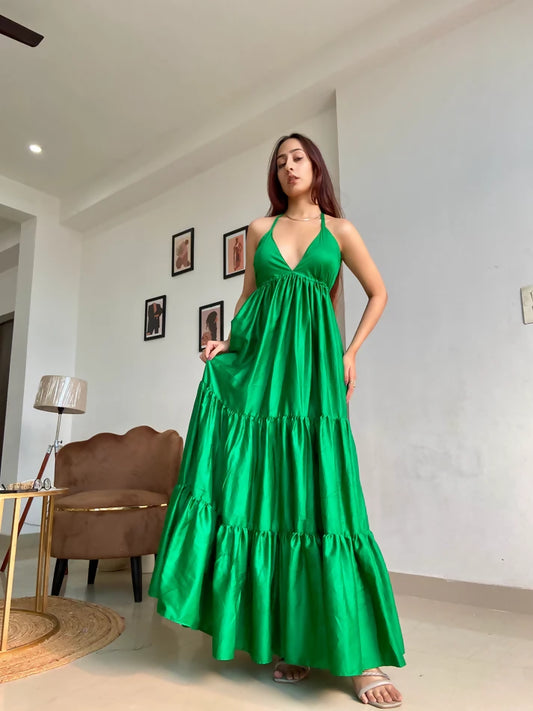 Green Satin Halter Neck Dress