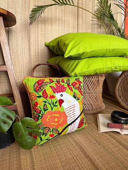 'Harit' and Cockatoo Green Cushion Cover