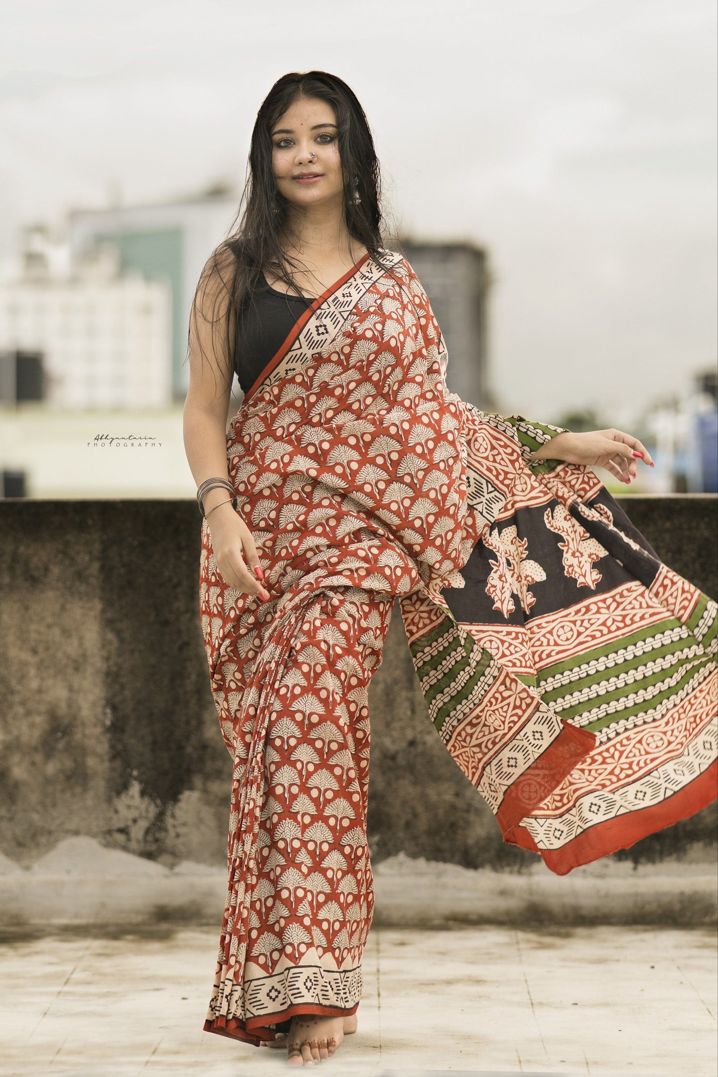 Chilgoza Bagru Mul Cotton Saree