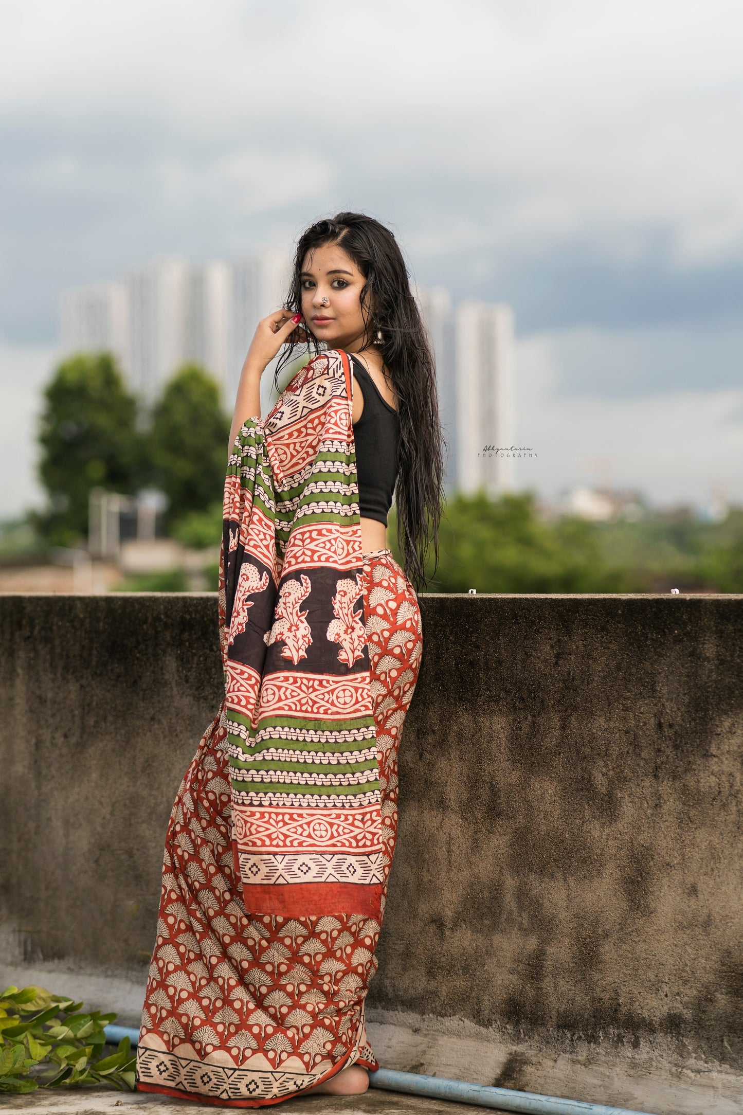 Chilgoza Bagru Mul Cotton Saree