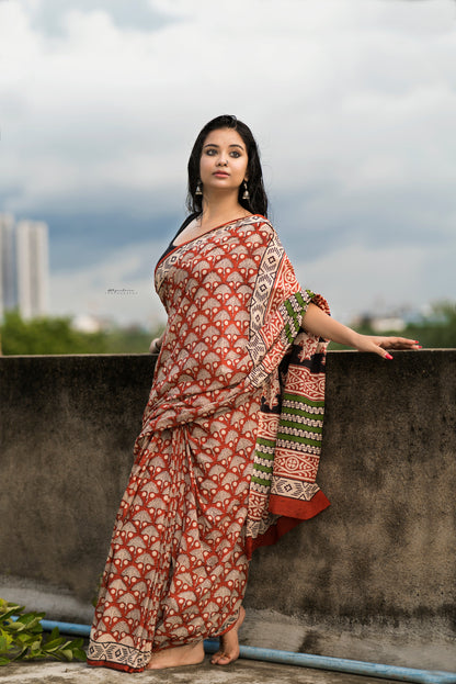 Chilgoza Bagru Mul Cotton Saree