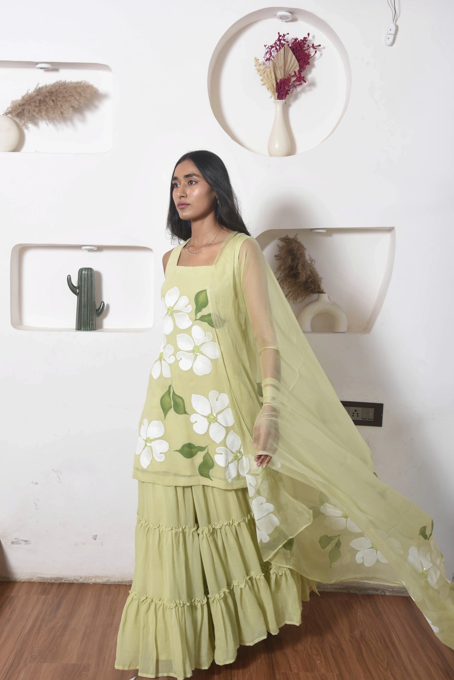 Flora Sharara Set in Olive Green