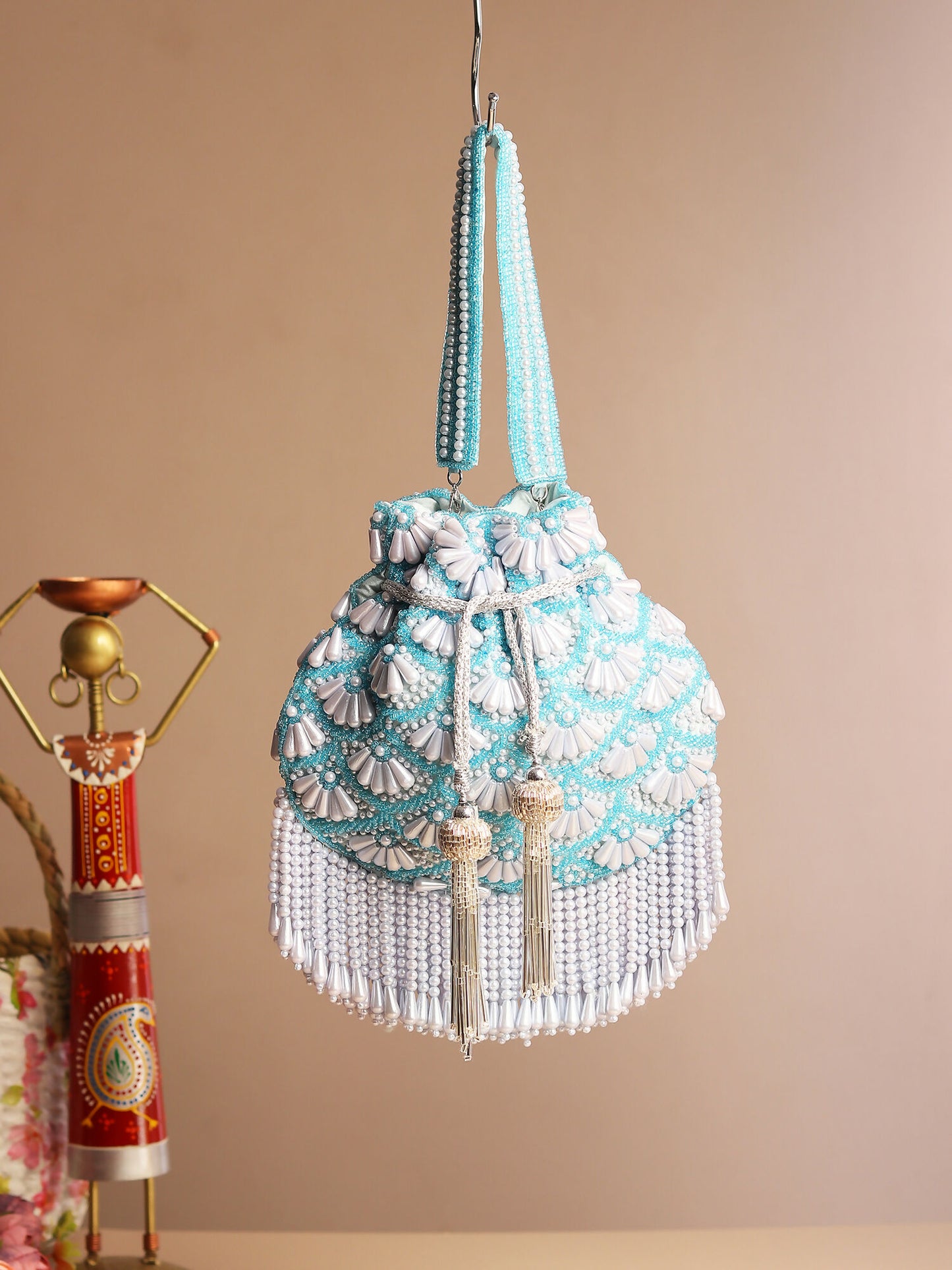 Serene Sky Pearl Blue Silk Potli Bag