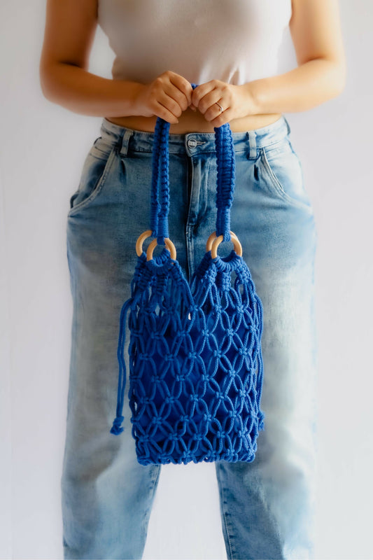 Hand-Knotted Dark Blue Tote Bag with Detachable Pouch
