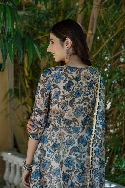 Dusky Blue Floral Chanderi Suit Set