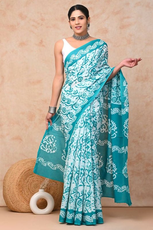 Blue Beanstalk Mul Hand Block Printed Ready-to-wear Pocket Saree