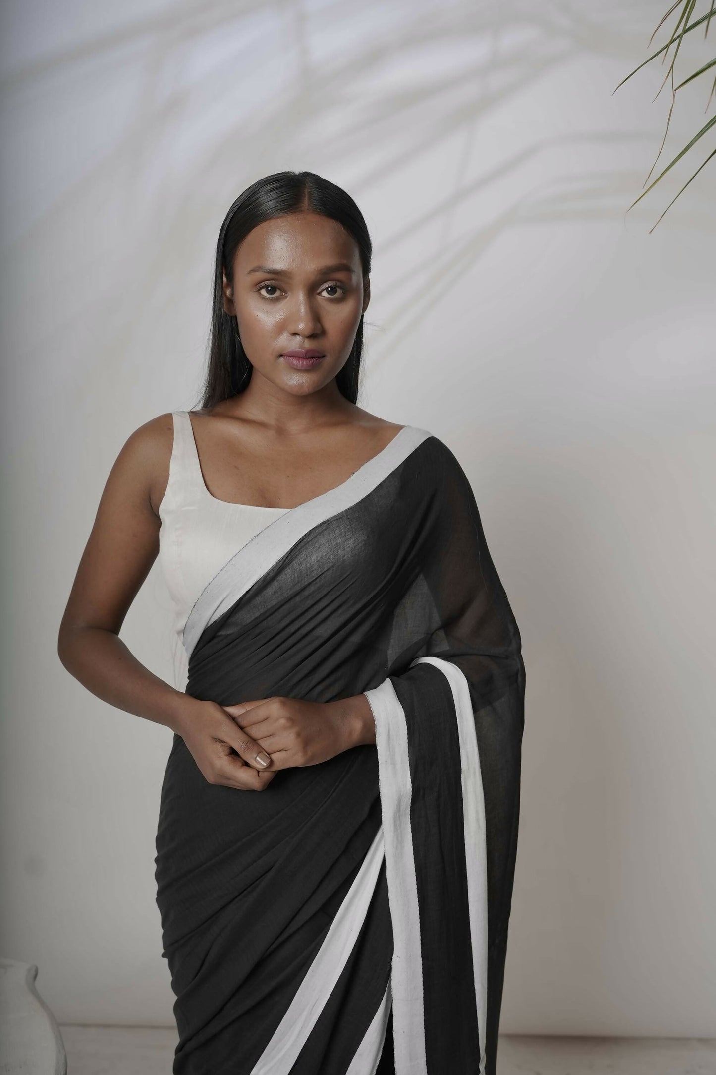 White & Black Cotton Handloom Saree With Black Border