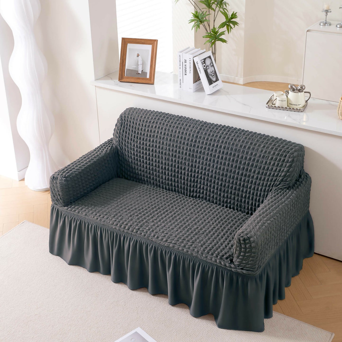 Stretchable Turkish Sofa Cover with Bubble Fabric & Frill