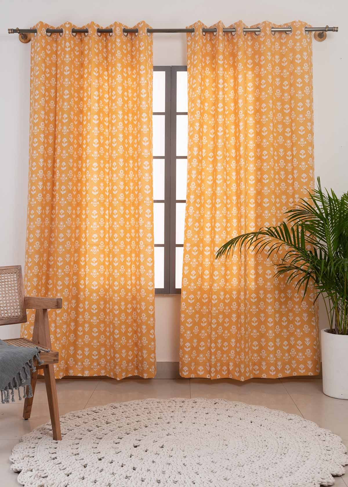 Room Darkening - Dahlia Cotton Floral Mustard Curtain