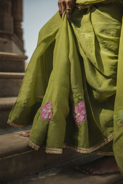 Leela Olive Green Organza Handpainted Saree