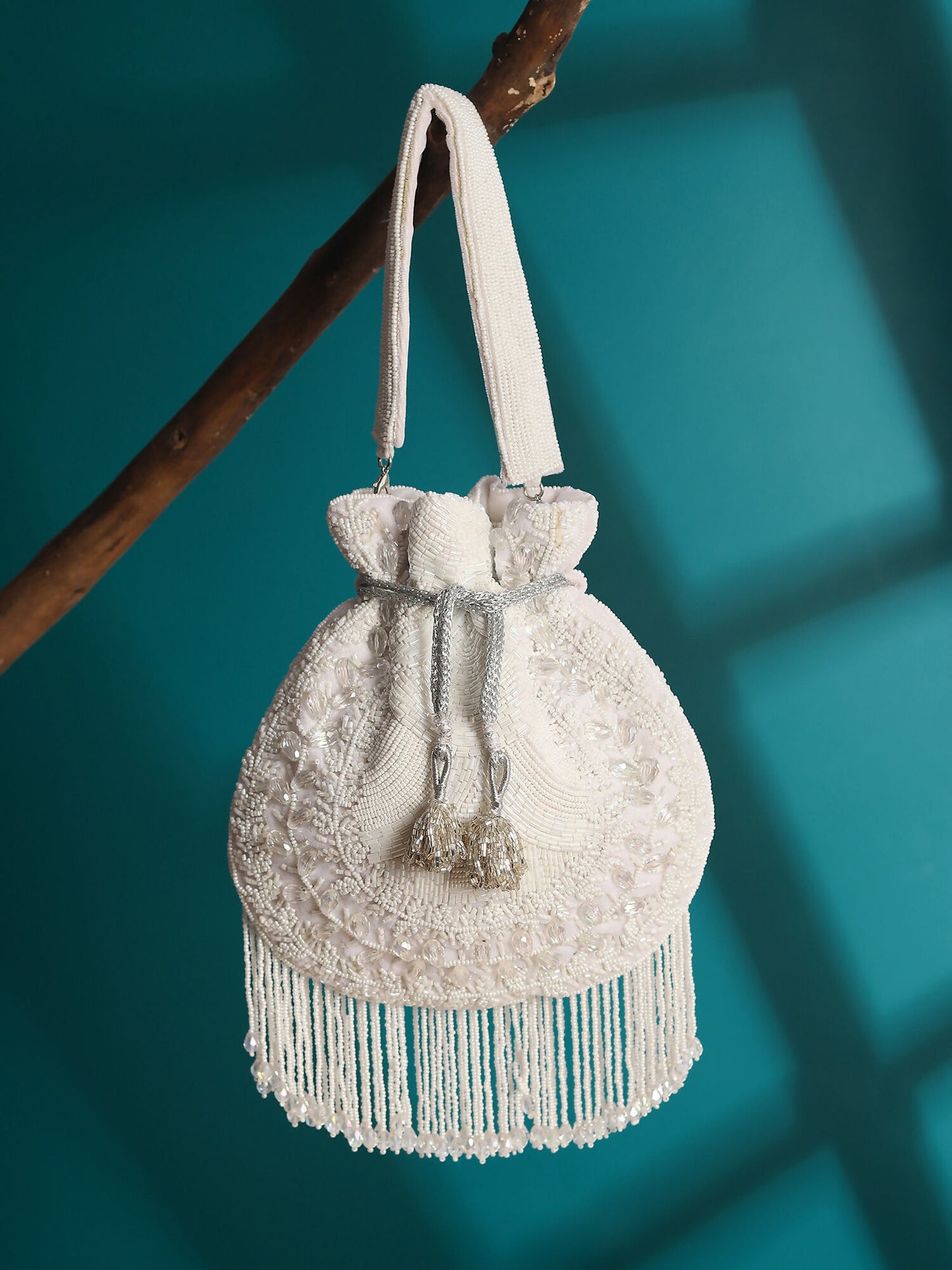 Snowflake White Cutdana Velvet Potli Bag