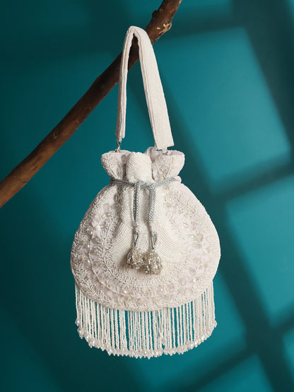 Snowflake White Cutdana Velvet Potli Bag