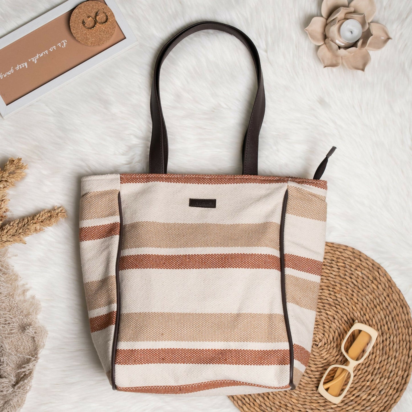 Vinatge Brown Cotton Jacquard Tote Bag