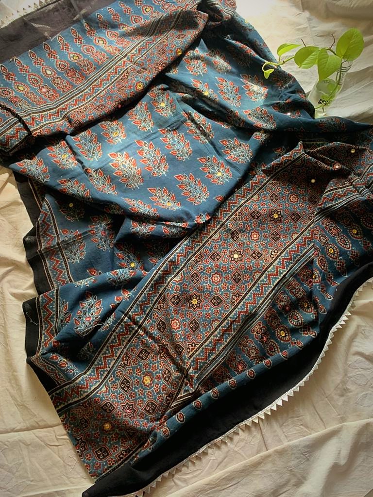 Indigo Mirror Work Mul Dupatta