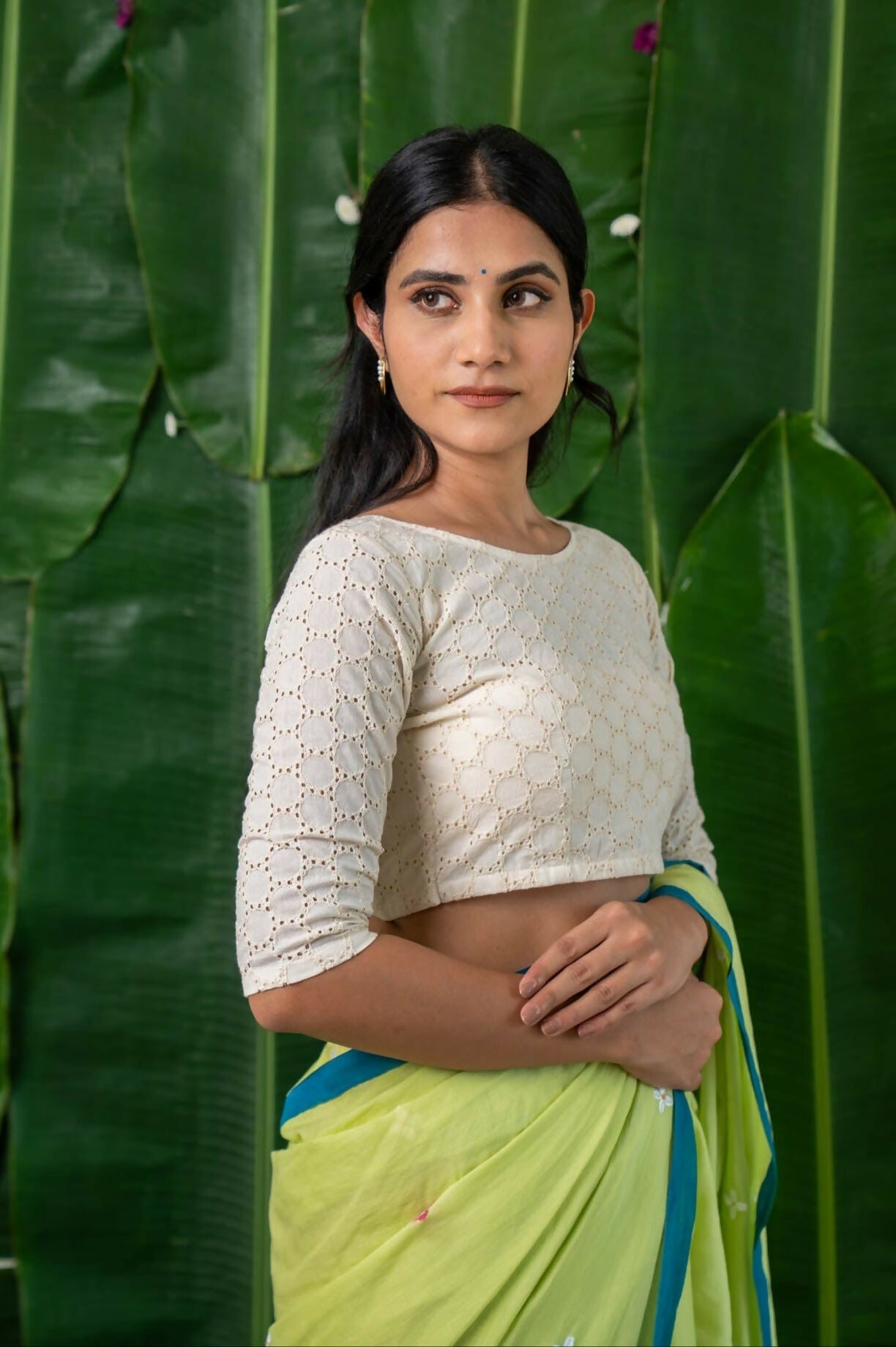 Amaira White Eyelet Cotton Schifli Blouse with Back Buttons