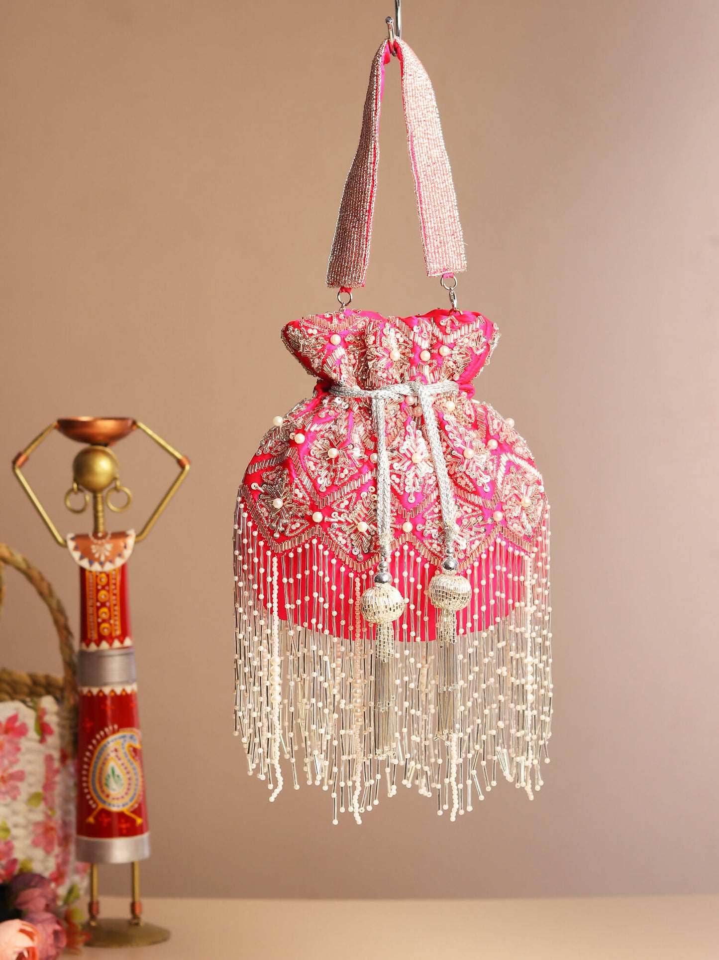 Fuchsia Silver Tassel Silk Potli