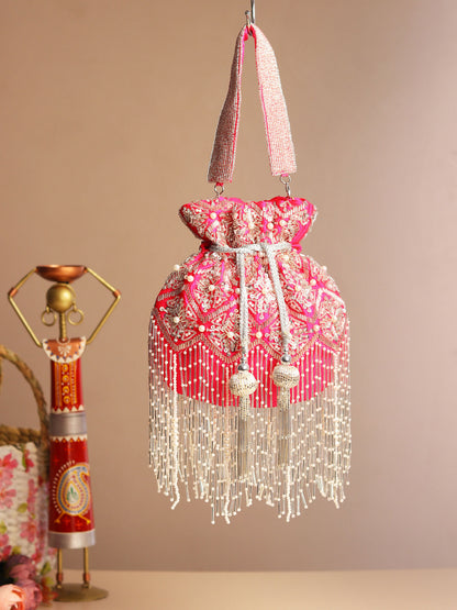 Fuchsia Silver Tassel Silk Potli