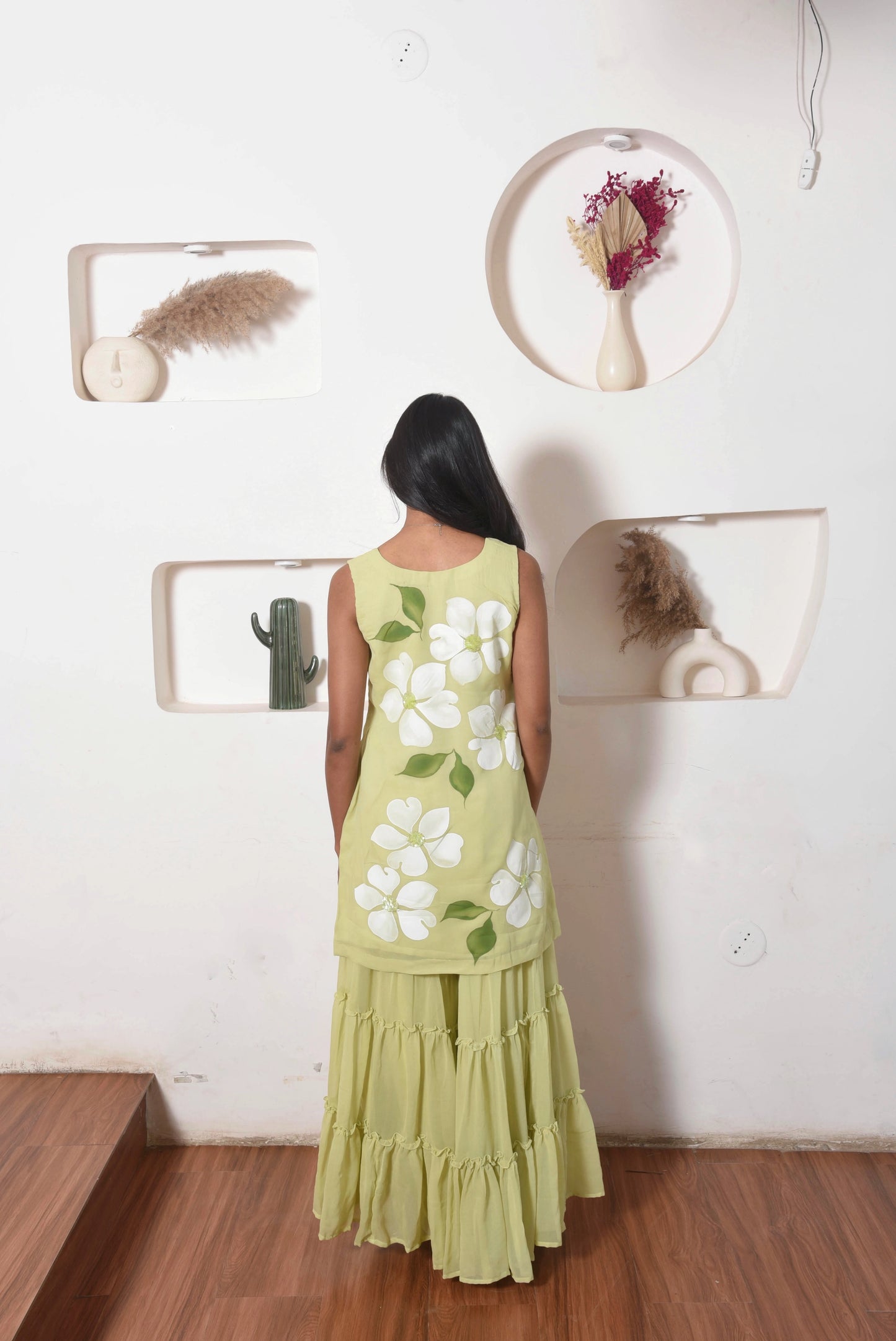 Flora Sharara Set in Olive Green