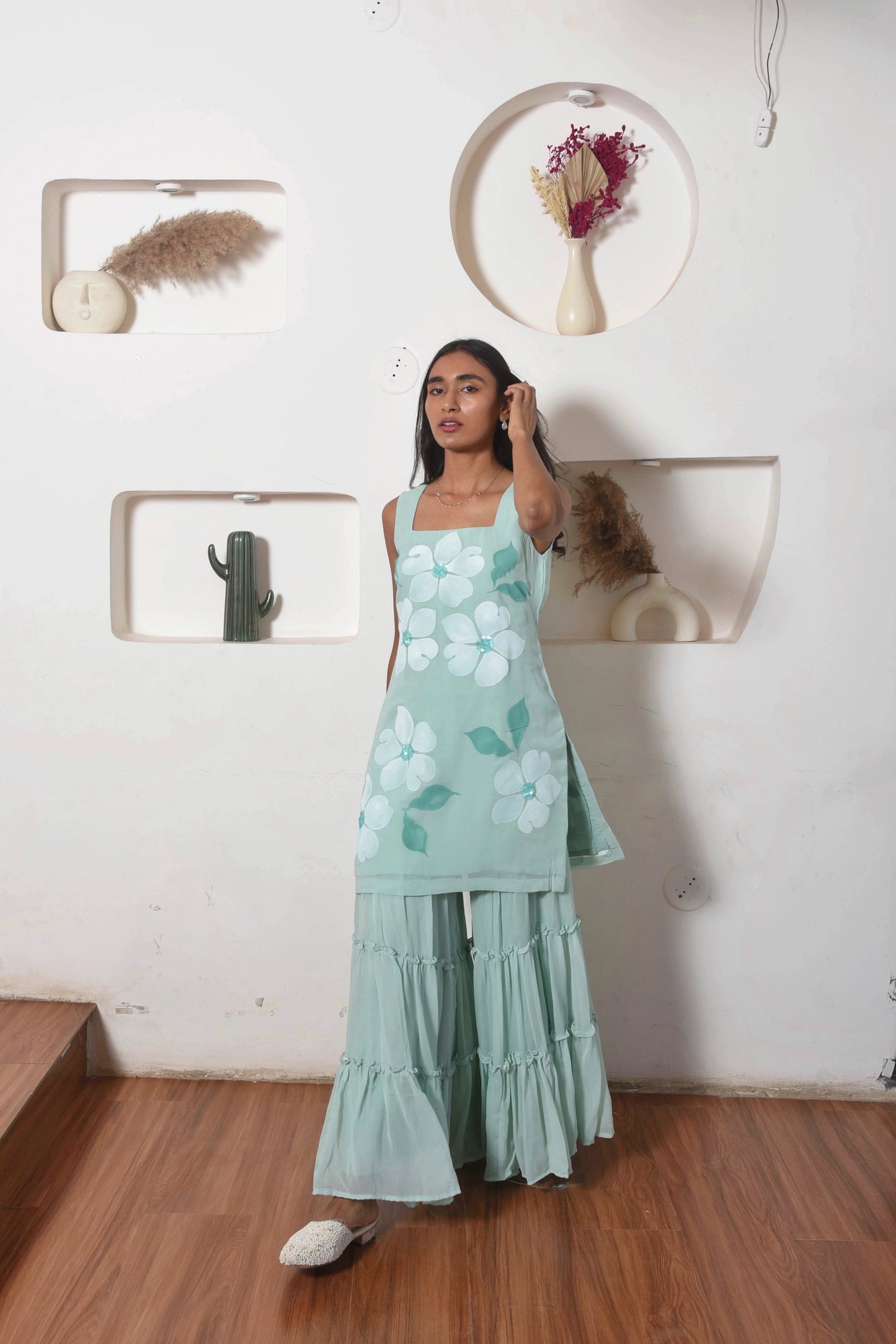 Handpainted Flora Georgette Sharara Set in Teal
