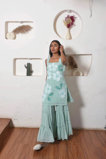 Handpainted Flora Georgette Sharara Set in Teal