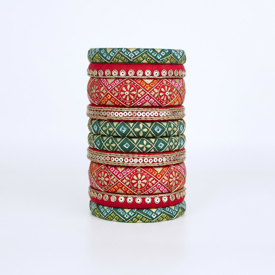 Nishka Red & Green Bandhani Pattern Bangle Set