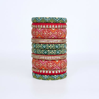 Nishka Red & Green Bandhani Pattern Bangle Set