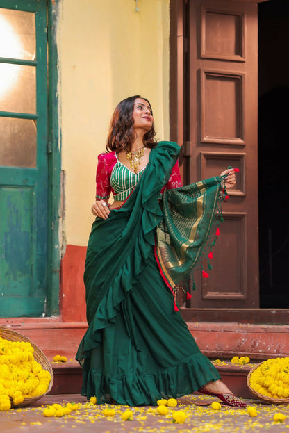 Green Ruffle Cotton Saree