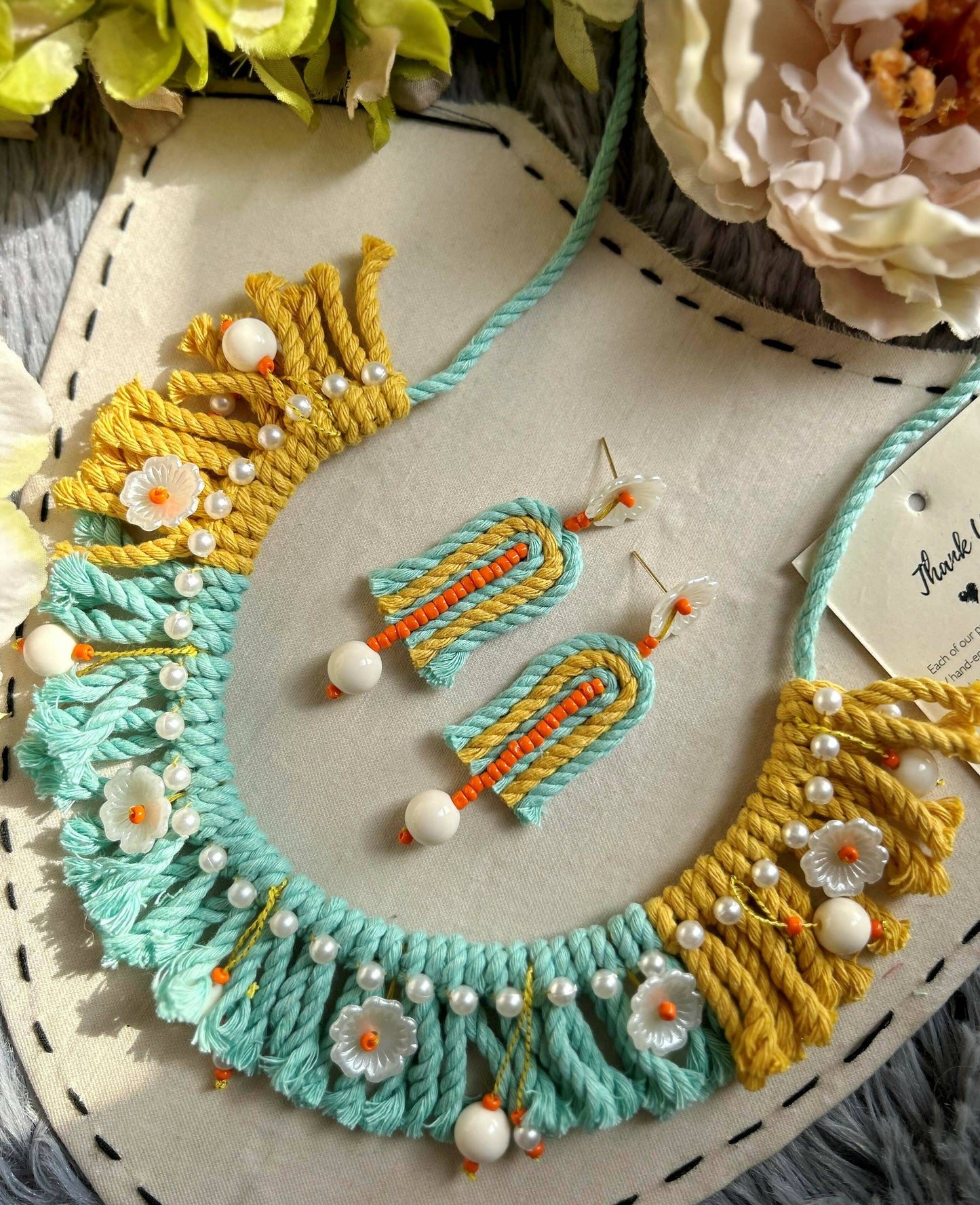 Boho Bali Cord Flower Necklace With Earrings