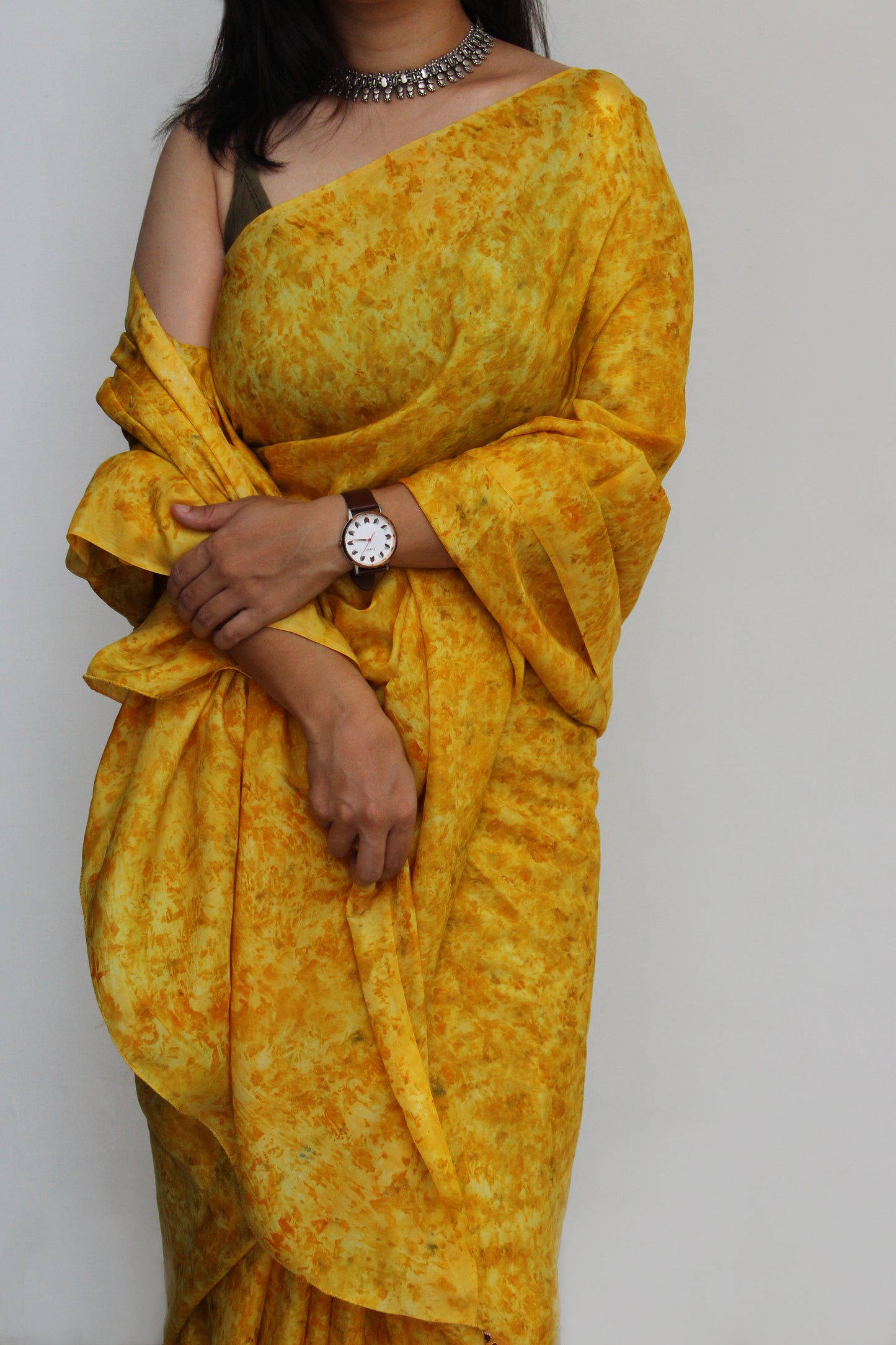 Natural Flower Dyed Haldi Habutai Silk Saree