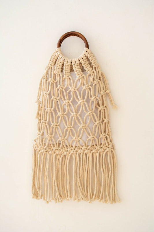 Hand-Knotted Off-White Fringe Handbag with Detachable Pouch