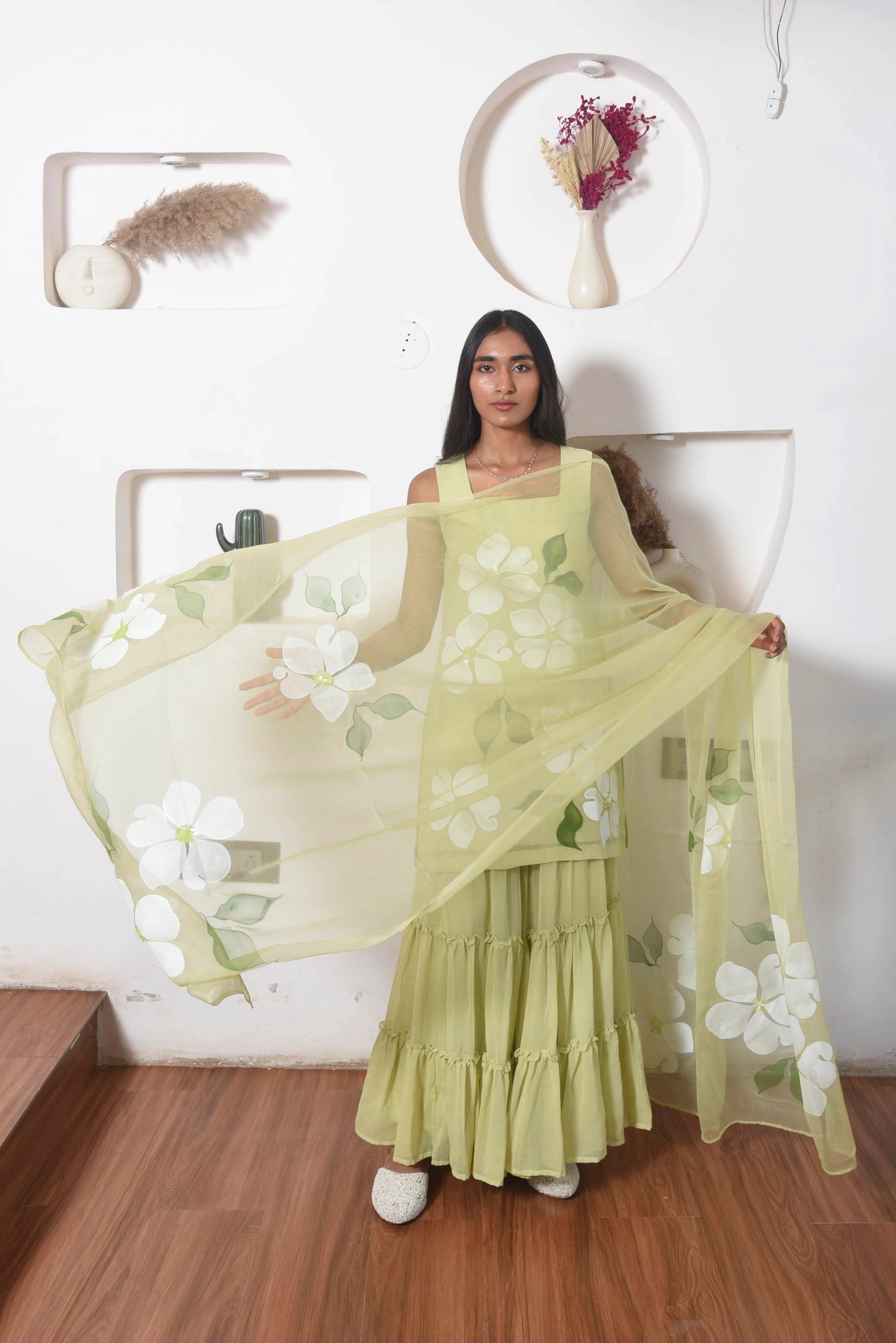 Flora Sharara Set in Olive Green
