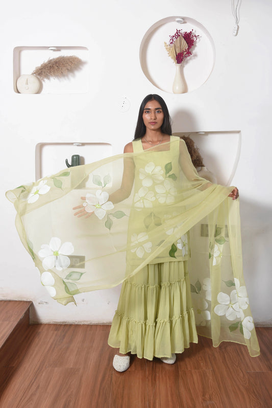 Flora Sharara Set in Olive Green